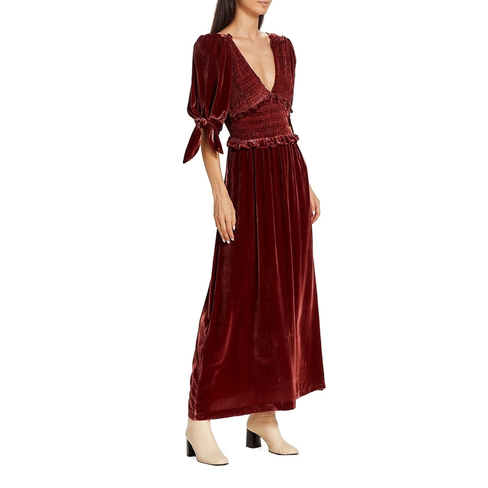 Sea New York Mayde Velvet Puff Sleeve Smocked Bow Midi Maxi Dress - Picture 1 of 11
